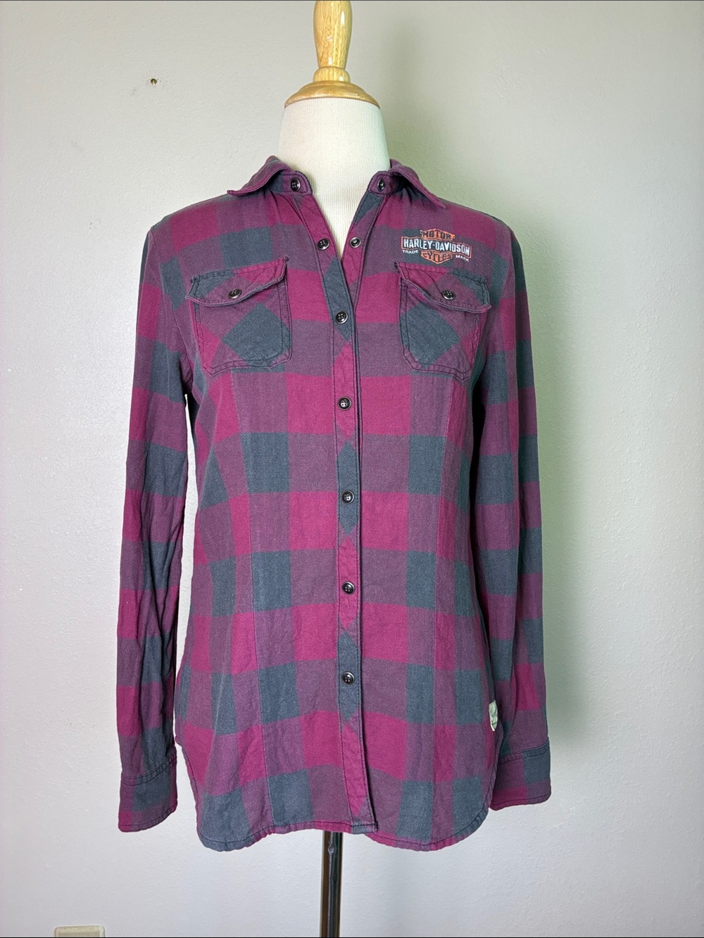 HARLEY DAVIDSON Women Small Cottonβ Plaid Button Up Shirt Biker Grunge Moto